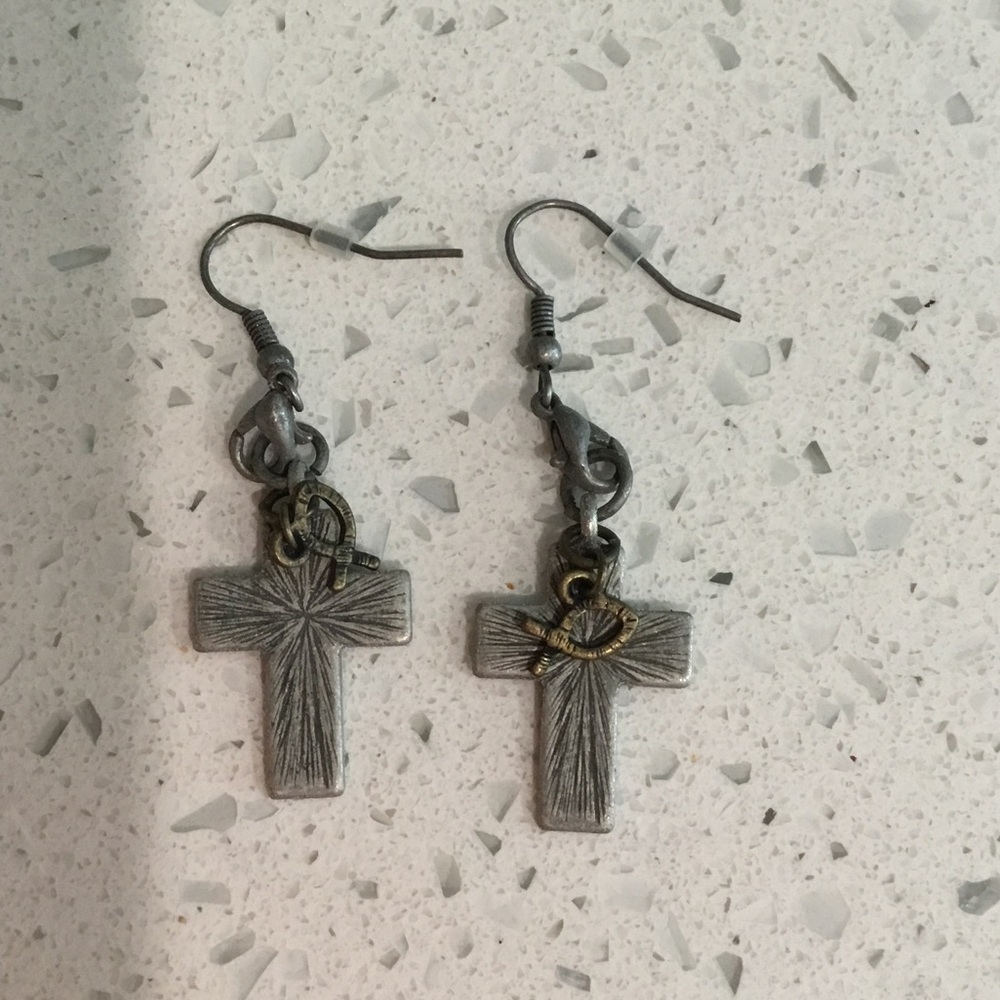 Antique Silver Cross Drop Earrings with Gold Accent